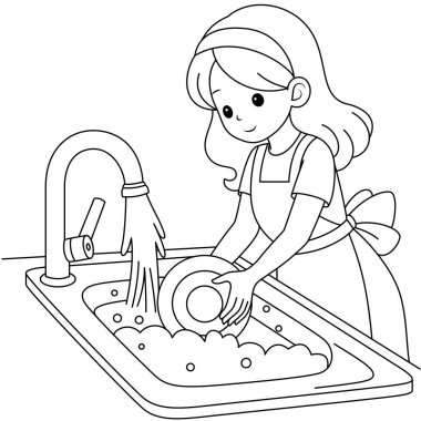 Yemekten sonra mutfağında bulaşıkları yıkayan, boyama sayfasını boyayan genç bir kadının resmi. Günlük ev ödevi, siyah-beyaz ana hatlı vektör karikatür çizimi