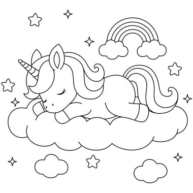 Tatlı bir kawaii tek boynuzlu at uyku boyama sayfası. Siyah ve beyaz ana hat vektör karikatür karakter boyama kitabı