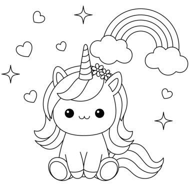 Şirin bir kawaii tek boynuzlu atı ve gökkuşağı boyama sayfasının tasviri. Siyah ve beyaz ana hat vektör karikatür karakter boyama kitabı