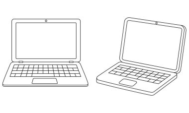 Beyaz arkaplan renklendirme sayfasında izole edilmiş şirin bir dizüstü bilgisayar tasviri. Siyah ve beyaz ana hat vektör karikatür boyama kitabı