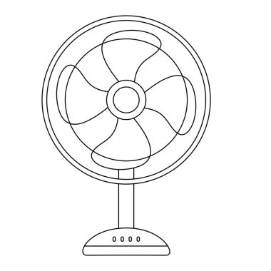Beyaz arkaplan renklendirme sayfasında izole edilmiş sevimli bir elektrikli fan tasviri. Siyah ve beyaz ana hat vektör karikatür karakter boyama kitabı