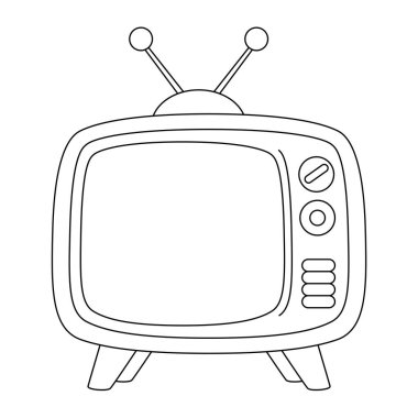 Beyaz arkaplan boyama sayfasında izole edilmiş şirin bir televizyonun tasviri. Siyah ve beyaz ana hat vektör karikatür karakter boyama kitabı