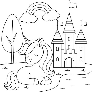 Şirin kawaii unicorn ve çocuklar için kale boyama sayfası. Beyaz arka planda izole edilmiş hayvan taslak boyama sayfası. Çocuklar için vahşi hayvan boyama kitabı 