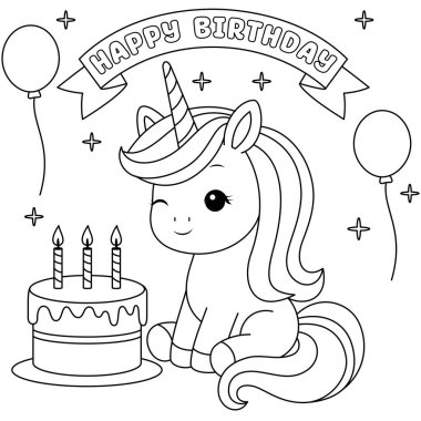Tatlı kawai mutlu yıllar çocuklar için doğum günü pastası boyama sayfası olan tek boynuzlu at. Beyaz arka planda izole edilmiş hayvan taslak boyama sayfası. Çocuklar için vahşi hayvan boyama kitabı