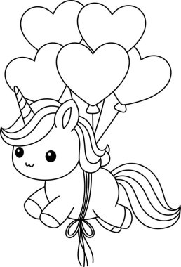 Sevimli kawaii tek boynuzlu atı çocuklar için kalp balonları boyama sayfası ile uçuyor. Beyaz arka planda izole edilmiş hayvan taslak boyama sayfası. Çocuklar için vahşi hayvan boyama kitabı