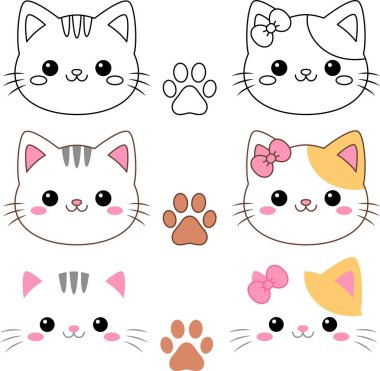 Şirin kawaii kedisi çocuklar için çizgi film karakteri boyama sayfası. Beyaz arkaplanda izole edilmiş hayvan çizgisi renklendirme sayfası.  