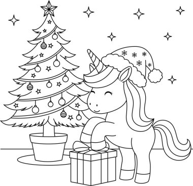 Hediye kutusu olan sevimli kawaii unicorn ve çocuklar için noel ağacı çizgi film karakteri boyama sayfası. Beyaz arkaplanda izole edilmiş hayvan çizgisi renklendirme sayfası.  
