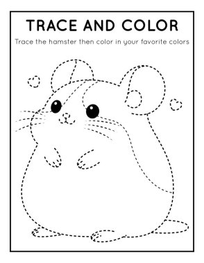 Çocuklar için Çalışma Kağıdındaki İz ve Renk Sevimli Hamster