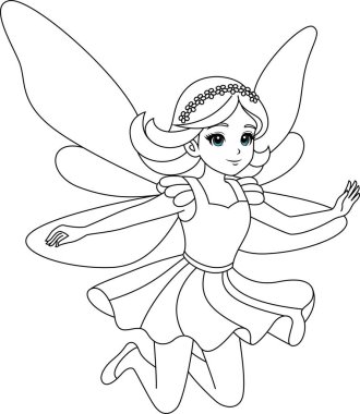 Beyaz arka planda izole edilmiş parlak kanatları olan sevimli kawai perisi çocuklar için ana hatları boyama sayfası.