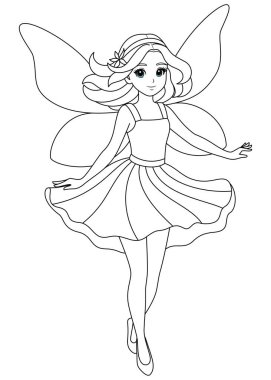 Pırıl pırıl kanatlı şirin kawaii perisi izole edilmiş beyaz arka plan boyama sayfası çocuklar için.