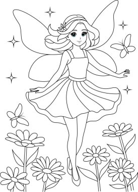 Pırıl pırıl kanatlı şirin kawaii perisi izole edilmiş beyaz arka plan boyama sayfası çocuklar için.