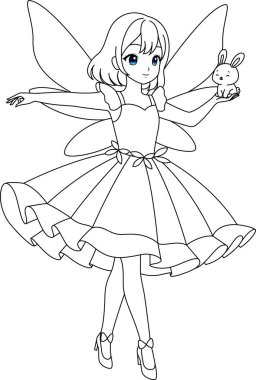 Şirin kawaii perisi ve tavşan ana hatları çocuklar için boyama sayfası