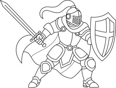 Zırhlı cesur şövalye bir kılıç taslak boyama sayfası tutuyor. 