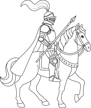 At sırtında at süren şövalye. Renk sayfası.