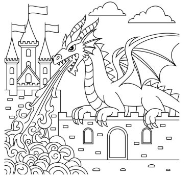 Kale duvarlarında ejderha soluyan ateş. Renklendirme sayfası. 