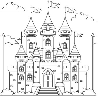 Çocuklar için şirin şato taslak boyama sayfası