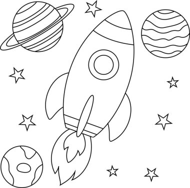 Roket ve gezegenler çocuklar için renklendirme sayfası