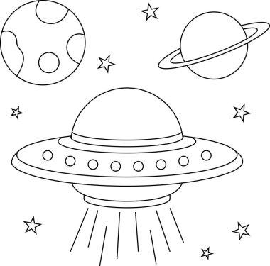 Uzay boyama sayfasında uçan UFO ve uzay gemisi sevimli ve komik ana hatları boyama kitabı