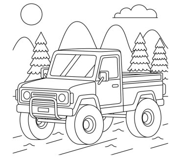 Dağ arka planında off-road kamyonu, ulaşım, araç, çocuklar için özet boyama sayfası 