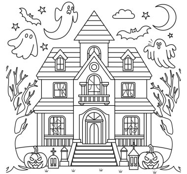 Spooky haunted house with ghosts flying around outline coloring page. Happy Halloween colouring book clipart