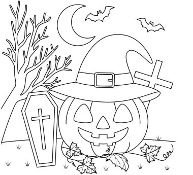 Yüzü oyulmuş ve mezar taşları boyalı bir balkabağı. Cadılar Bayramı Taslak Renk Sayfası