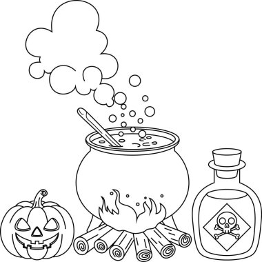Sihirli iksir ve balkabağı ile kaynayan kazan, Cadılar Bayramı Taslak Renk Sayfası