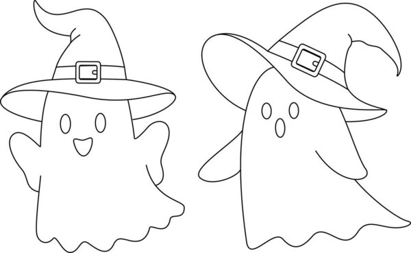 Cuta ghosts wearing witch hat. Halloween Outline Coloring Page