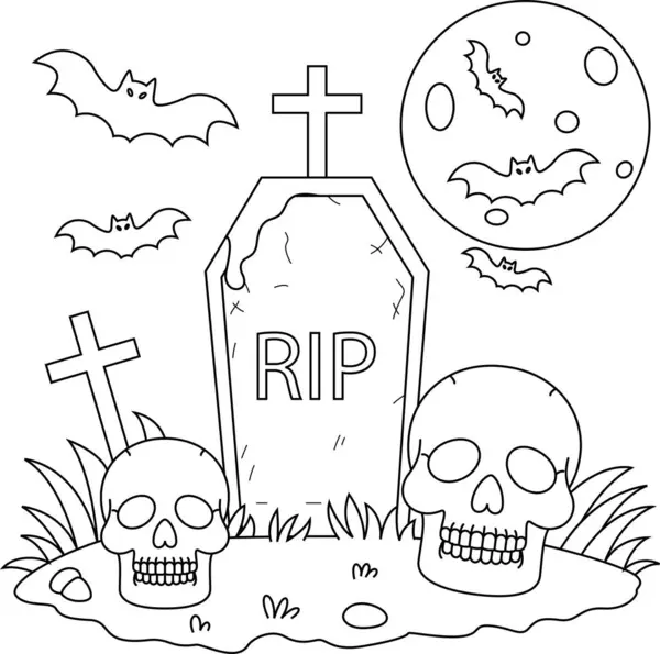 stock vector Skull and Tomb Hand Drawn. Halloween Outline Coloring Page