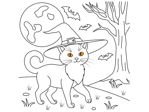 stock vector Black cat on the moonlight, Halloween Outline Coloring Page