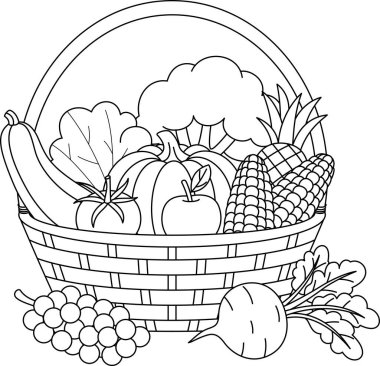 Basket filled with vegetables and fruits outline coloring page clipart