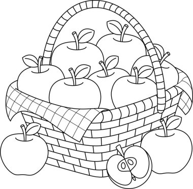 Bir sepet elma, şükran günü özet boyama sayfası.