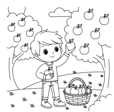 Çocuk ağaç çizgisi boyama sayfasından elma topluyor. Şükran Günü el boyaması 