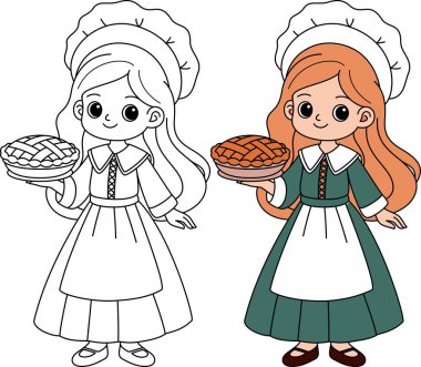 Şükran Günü hacısı kız çizgi filminin elinde turta ana hatlarıyla boyama sayfası var. Şükran Günü el boyaması 