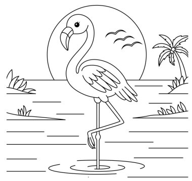 Flamingo Karikatür Özeti Göl Arkaplanı Renk Sayfası