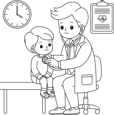 Doktor, klinik boyama sayfasında steteskoplu bir çocuk hastayı muayene ediyor. Doktorlar Günü, İşçi Bayramı el çizimi sanatı