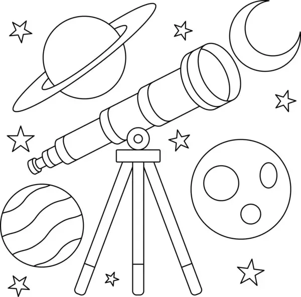 Stock vector Telescope with stars and planets Outline Coloring Page for Kids