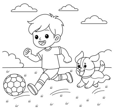 Çizgi filmci çocuk köpekle futbol oynuyor. Çocuklar için futbol boyama sayfası.