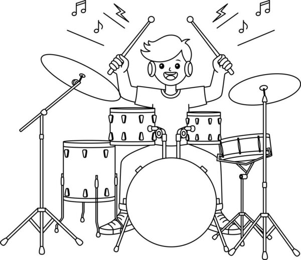 Músico Tocando Contorno Tambores Para Colorear Página Día Del Trabajo — Vector de stock