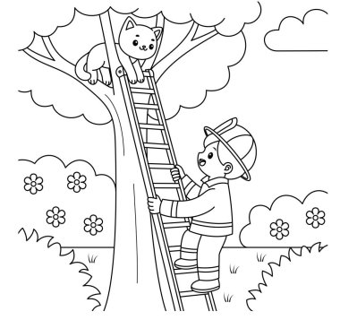 İtfaiyeci, ağaç boyama sayfasında bir kediyi kurtarıyor. İşçi Bayramı illüstrasyonu