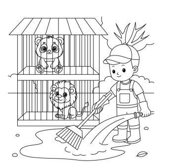 Hayvan bakıcısı etrafı süpürge ve hortum boyama sayfasıyla temizliyor.