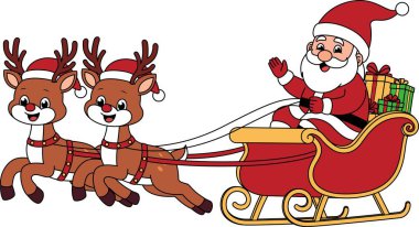Noel Baba hediye ve ren geyiği çizgi filmiyle dolu bir kızakta. Noel ve Kış Resimleri 