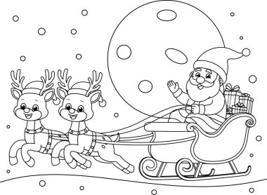 Noel Baba hediye dolu bir kızak ve ren geyiği boyama sayfasında. Noel ve Kış Resimleri 