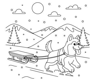 Cute husky dog and sleigh outline coloring page. Christmas and Winter Illustration  clipart