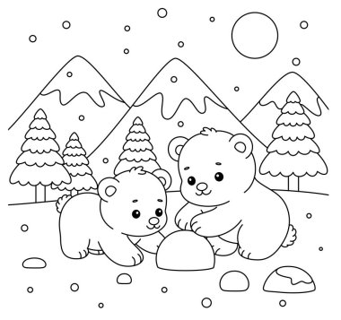 Bebek Kutup Ayısı Kar Boyama Sayfası ile oynuyor. Noel ve Kış Resimleri 