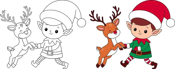 Sevimli Elf Ren Geyiği Taslak Renk Sayfası ile Oynuyor. Noel ve Kış Resimleri 
