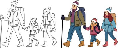 Bir Aile Yürüyüşü Renk Taslak Sayfası. Noel ve Kış Resimleri 