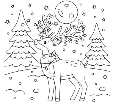 Boynuzlarından sarkan Noel Işıklı Ren Geyiği Renk Sayfası. Noel ve Kış Resimleri 
