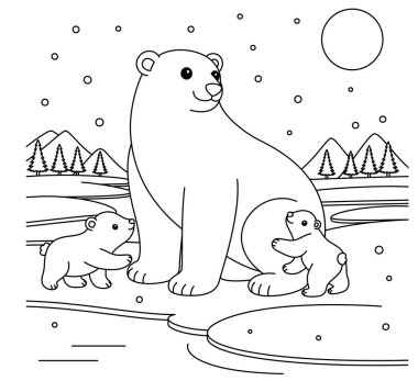 Polar bear and baby outline coloring page. Christmas and Winter Animal Illustration  clipart