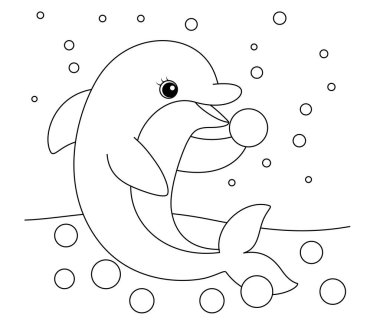 Çocuklar için İnci Renk Sayfası Tutan Sevimli Yunus. Komik hayvan tasviri