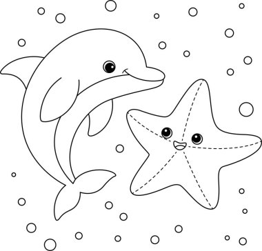 Çocuklar için Şirin Yunus ve Denizyıldızı Boyama Sayfası. Komik deniz hayvanı tasviri